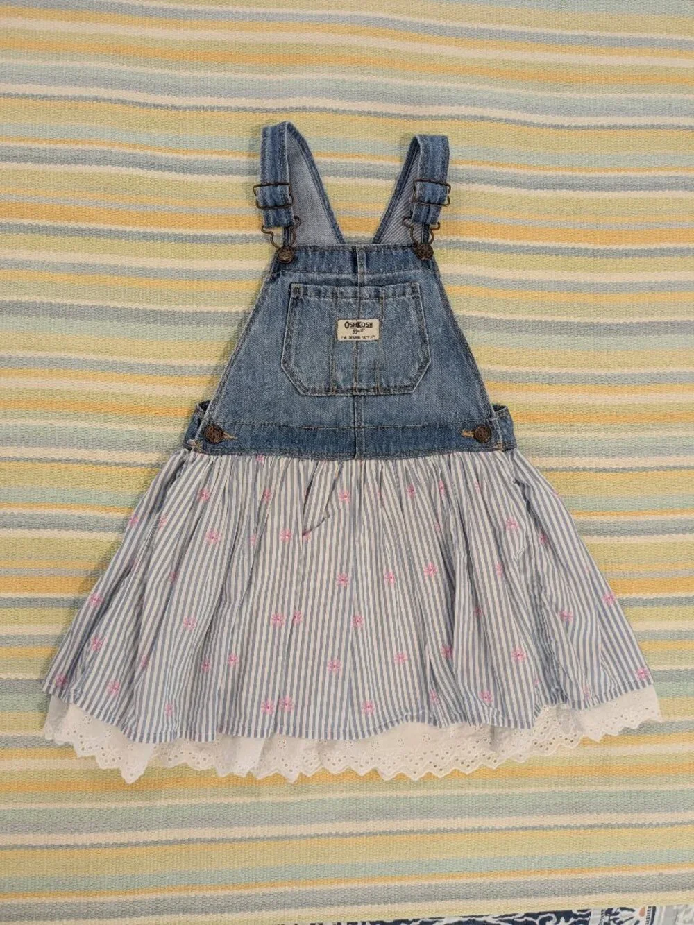 ⭐ Oshkosh Bgosh Denim Jean And Striped Floral Cotton Dress With Scalloped Eyelet